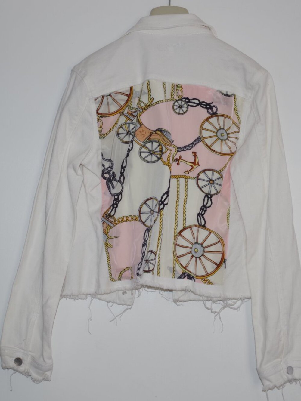 Htrailz Stacy Bradley white denim jean jacket Silk Patched Back Women  size S